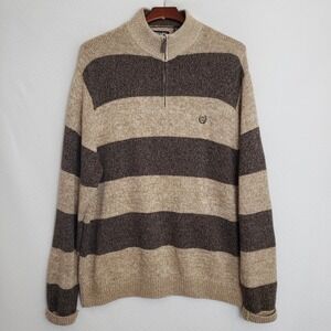 Chaps Mens Striped Quarter Zip Sweater XL Brown Cotton Pullover Comfy Grandpa‎